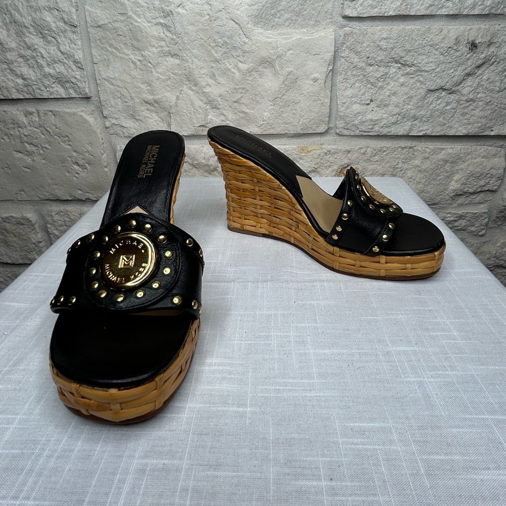 Michael Kors Bamboo Leather Black Wedge Size 7. Gold Logo and Studs Like New
